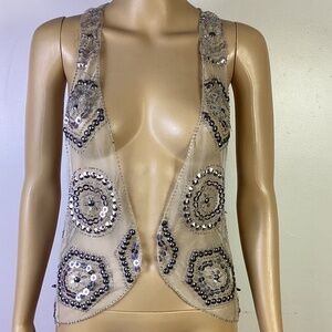 MOYNA Sequinned Lace Mesh Studded Vest Y2K Sz S